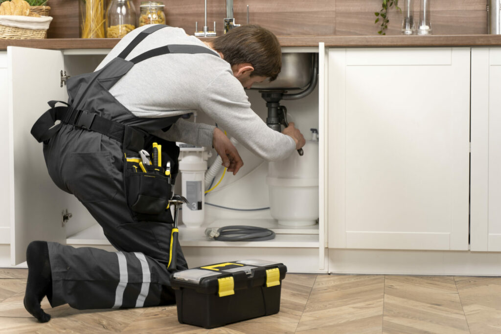 Someone who is busy fixing a kitchen sink's plumbing.